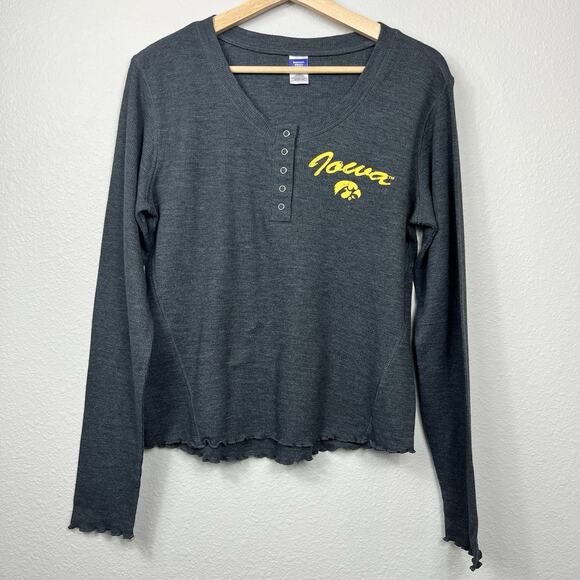 Bottom Drawers Tops - Iowa Hawkeyes Womens Waffle Knit Snap Long Sleeve Henley Medium Gray Ruffle NWOT